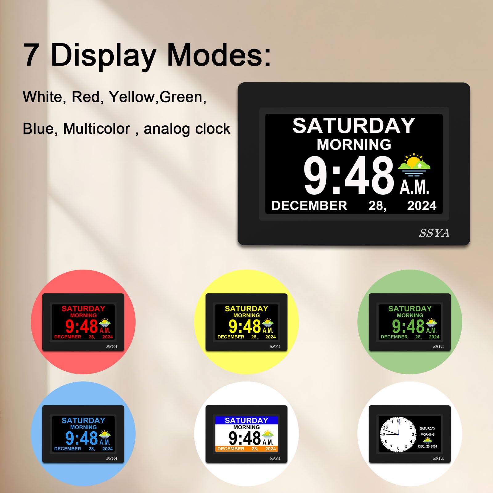 SSYA on a nightstand showing easy night viewing and adjustable brightness