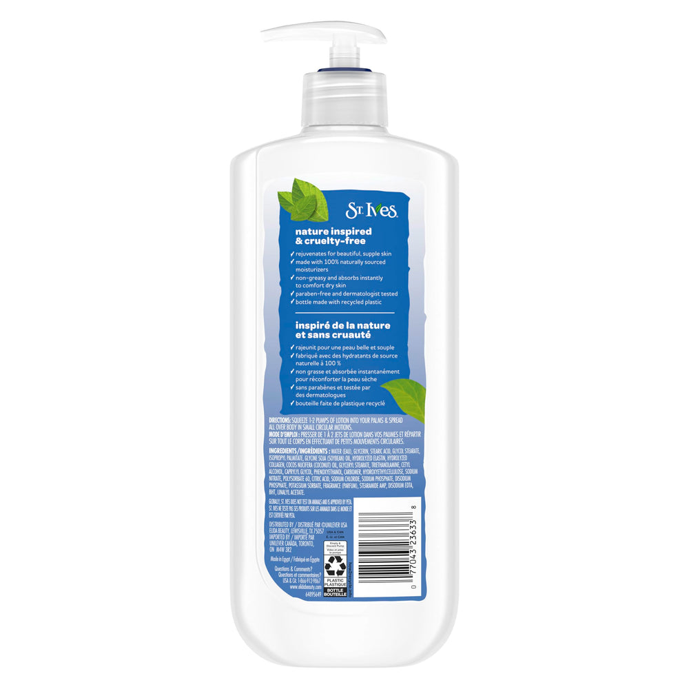 St. Ives label close-up highlighting collagen and elastin benefits