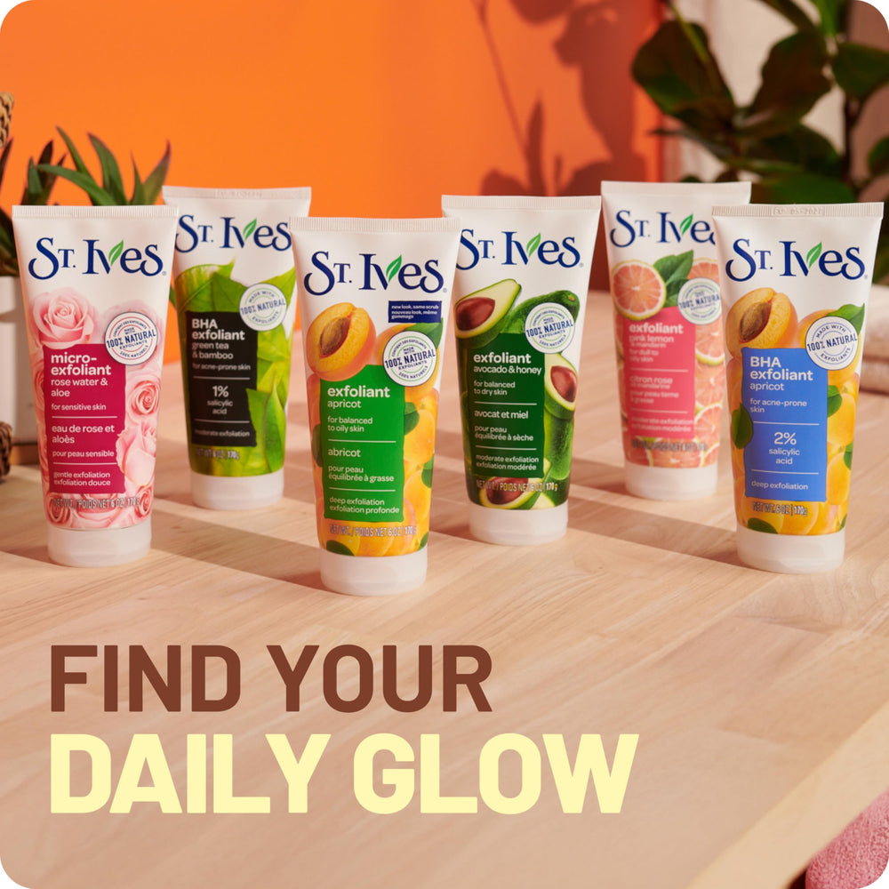 St. Ives scrub on bathroom shelf styled to show everyday skincare routine
