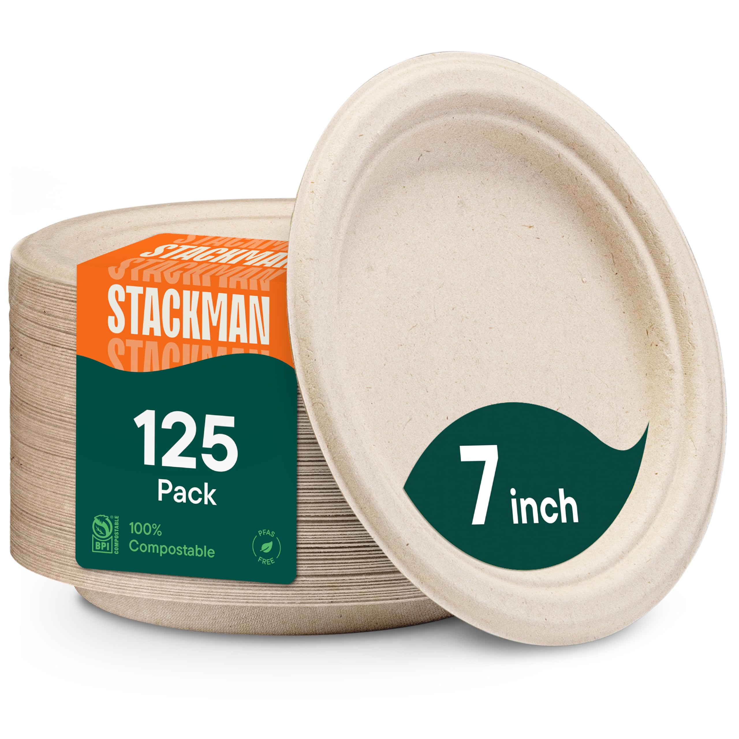 Stack Man front packaging 7-inch plates showing quantity and eco benefits