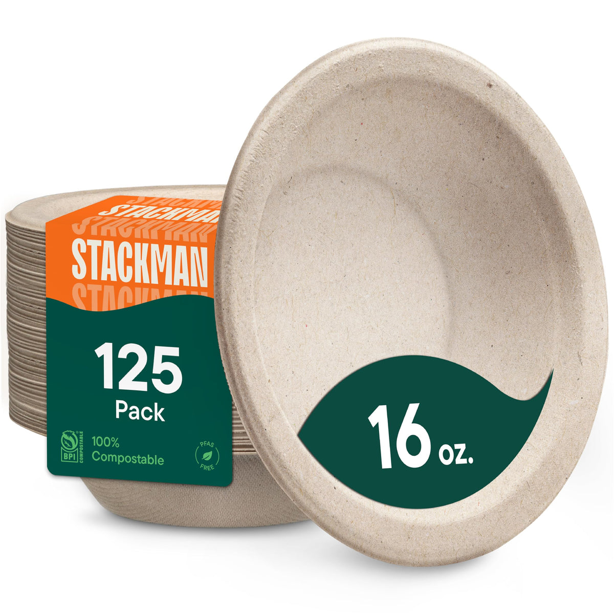 Stack Man front packaging showing 125-pack natural brown bowls and eco benefit