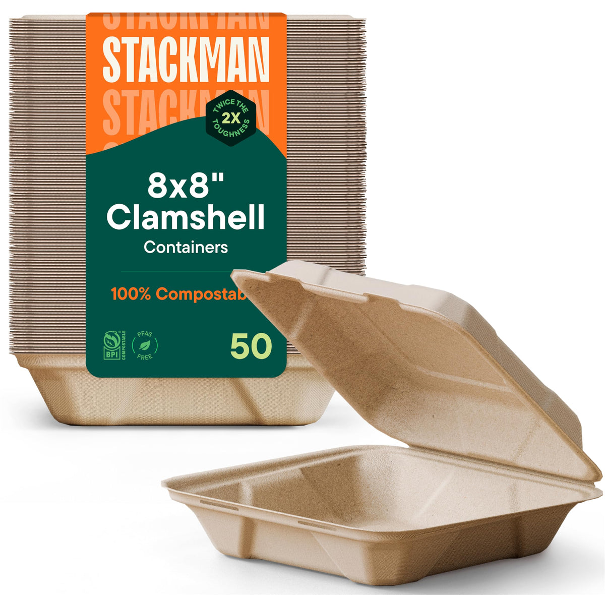 Stack Man front packaging showing 50-pack and eco benefit