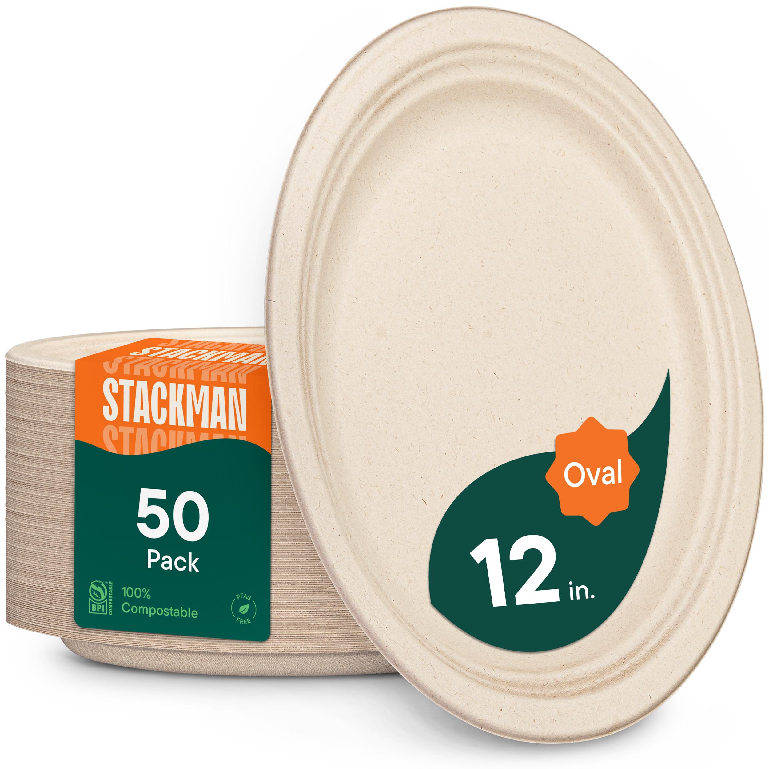 Stack Man oval plate front packaging showing natural bagasse and durability benefit