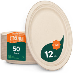 Stack Man oval plate front packaging showing natural bagasse and durability benefit