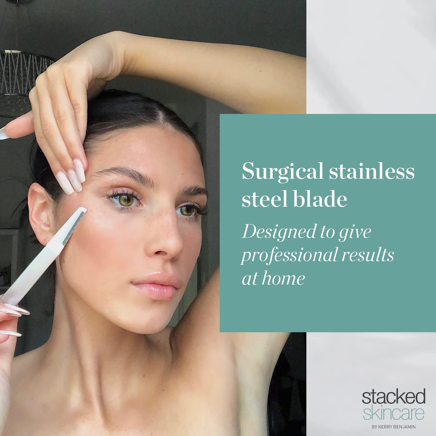 StackedSkincare replacement blades with handle in background illustrating compatibility and ready use