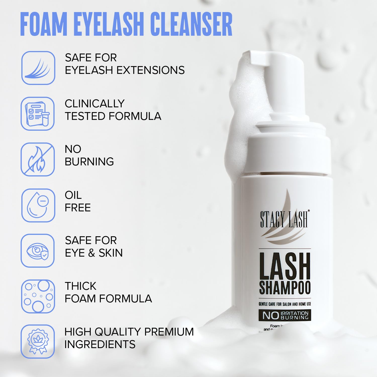 STACY LASH foam in hand illustrating light foaming texture for easy rinsing