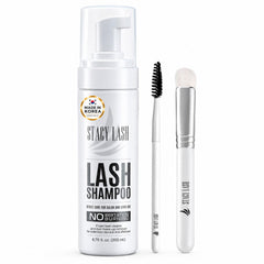 STACY LASH front packaging showing bottle and included brush for gentle cleansing