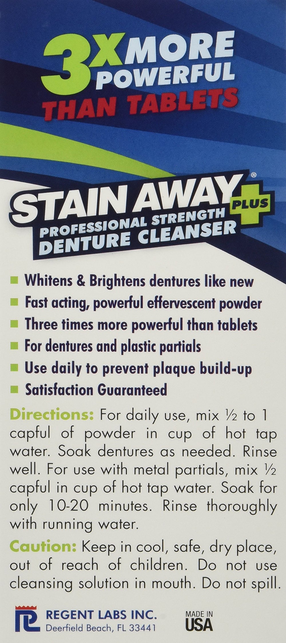 Stain Away powder dissolving with dentures soaking, brand removes stains effectively