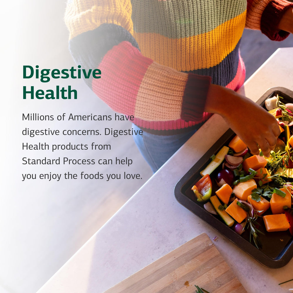 Standard Process Cholacol tablets beside a fatty meal, supports digestion benefit