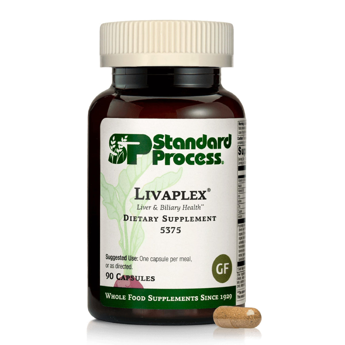Standard Process Livaplex front label showing product benefits and bottle design