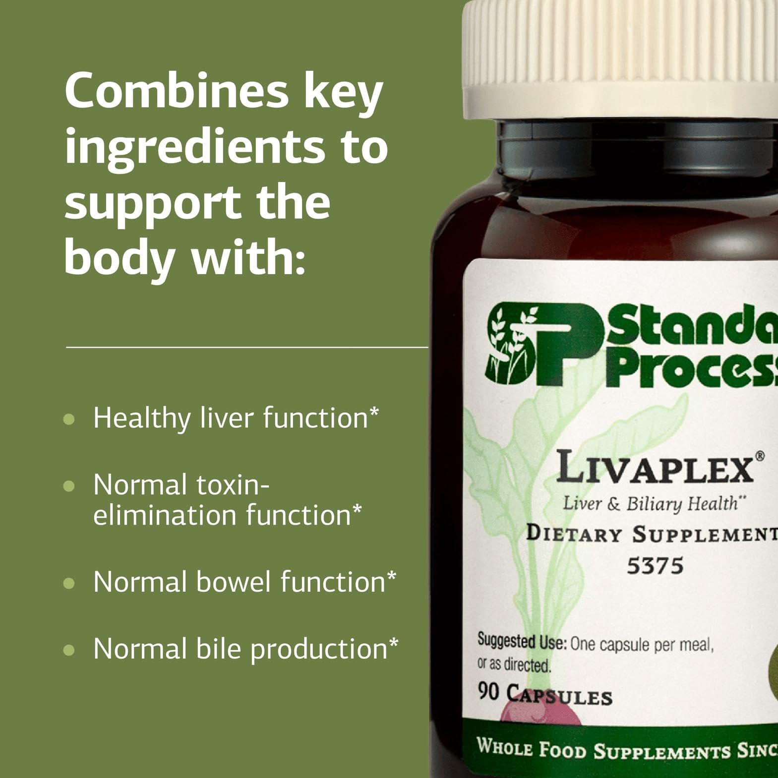 Standard Process Livaplex bottle in hand for scale showing convenient 90-capsule size