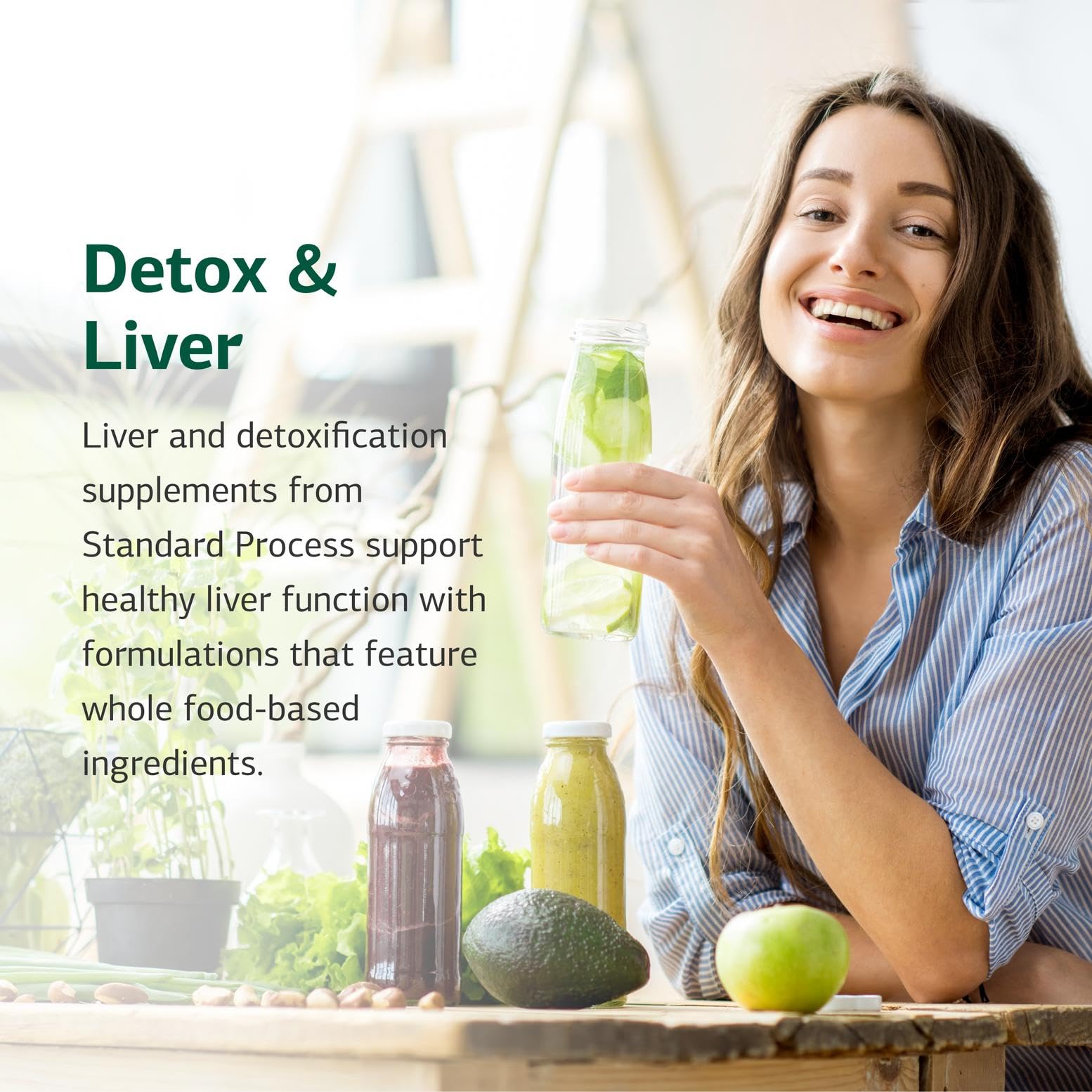 Standard Process Livaplex on kitchen counter with healthy meal to show digestive support