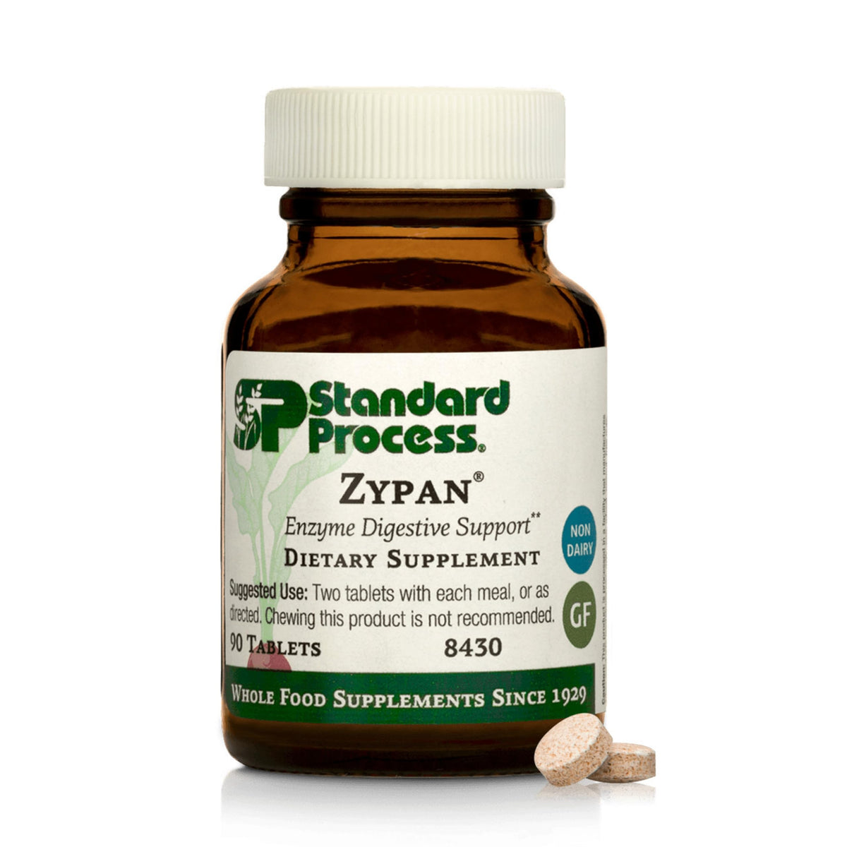 Standard Process Zypan front bottle view showing label and tablet count, clear product ID and benefit