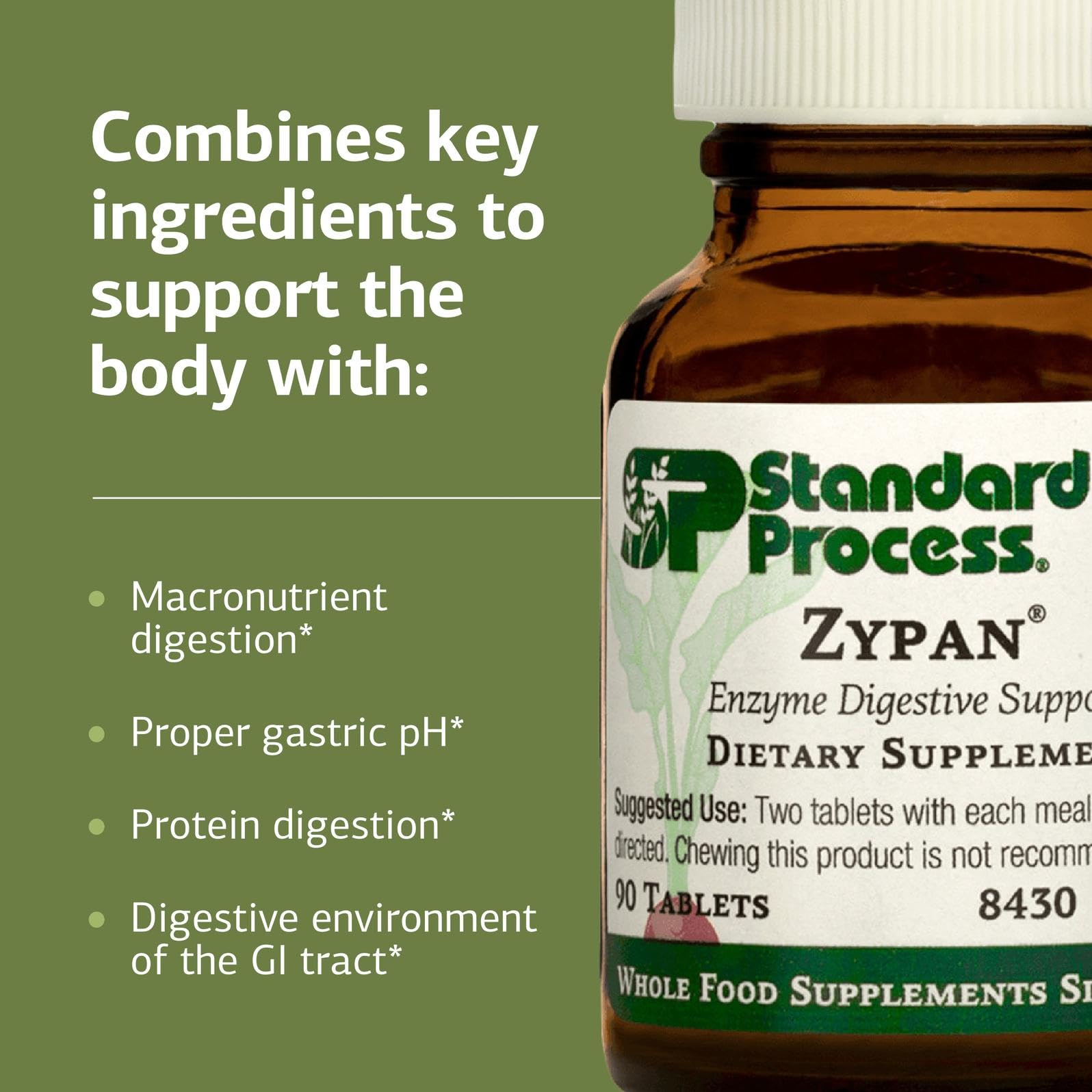 Standard Process Zypan ingredient label highlighting pancreatin, pepsin, and betaine HCl benefits
