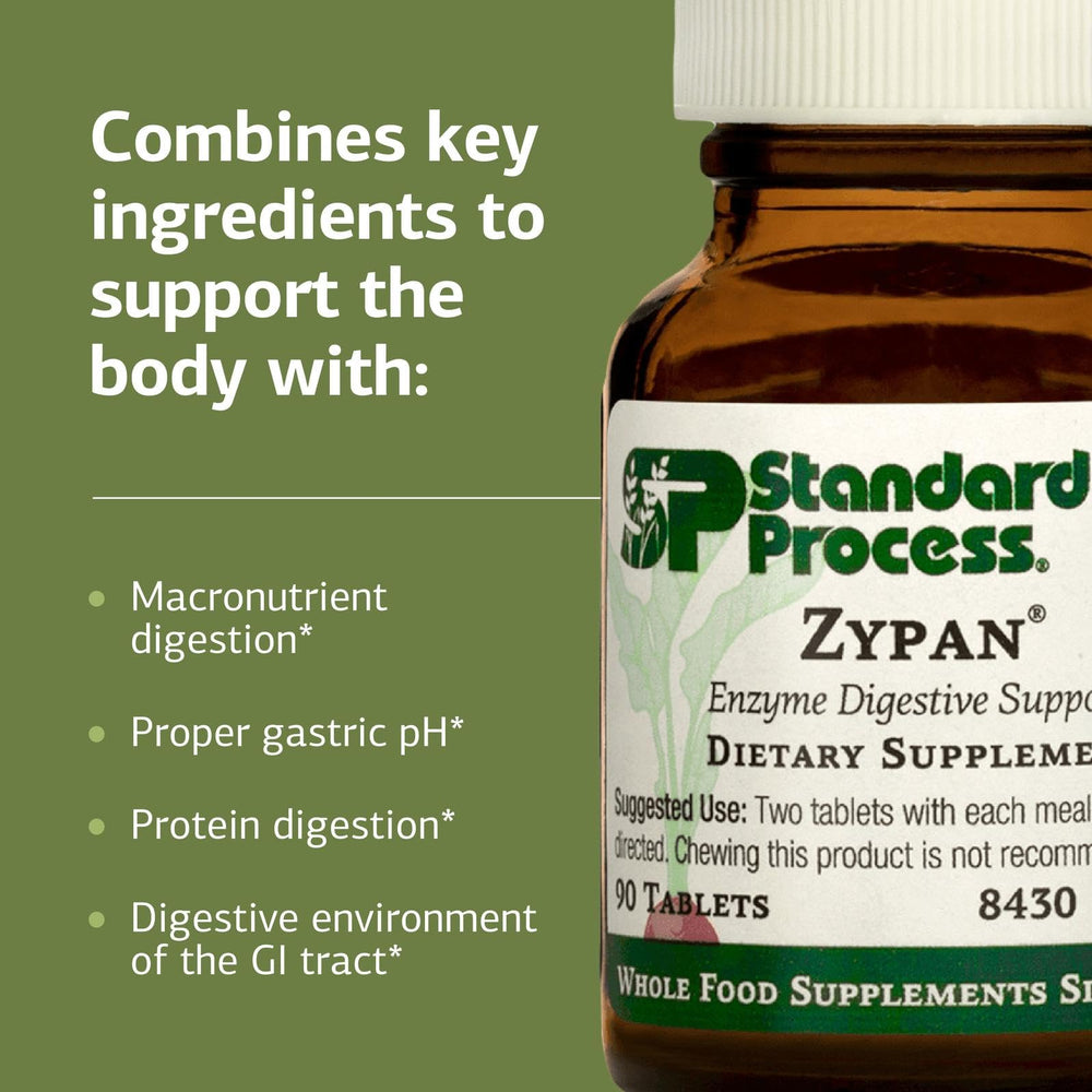 Standard Process Zypan ingredient label highlighting pancreatin, pepsin, and betaine HCl benefits