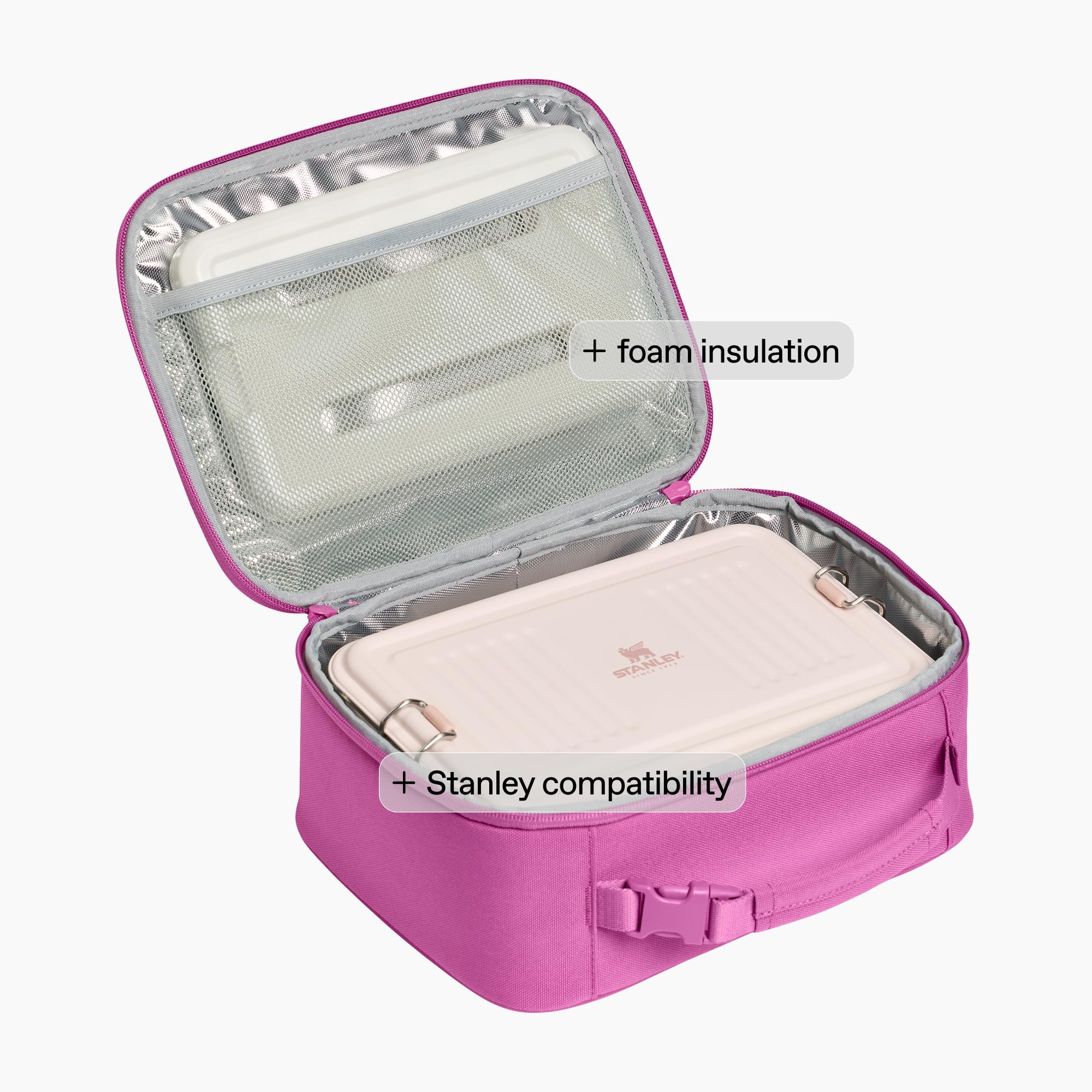 STANLEY lunch box next to 24oz bottle showing size and packing capacity benefit