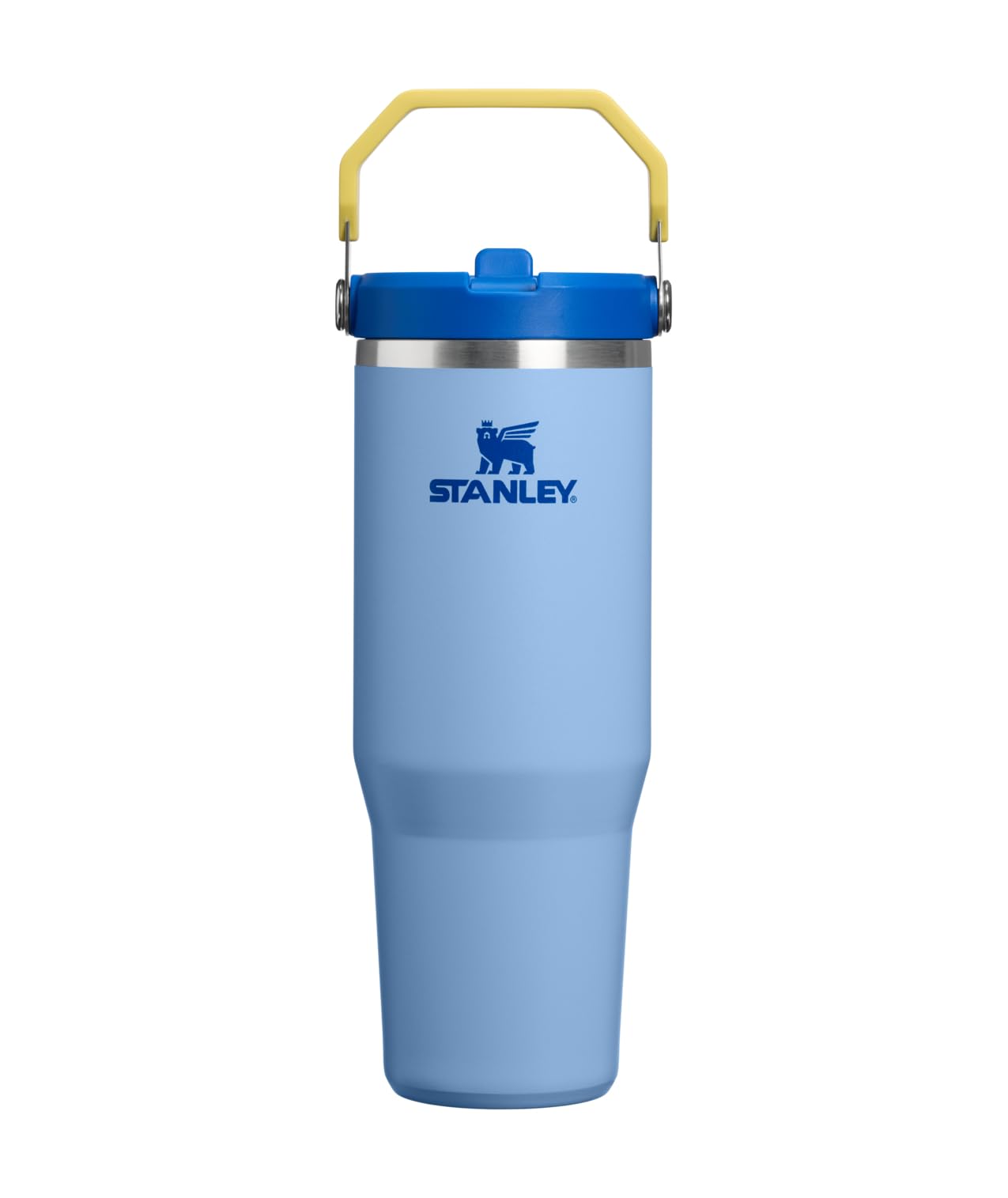 STANLEY IceFlow front view showing Cornflower Admiral Blue finish and 30 oz capacity benefit