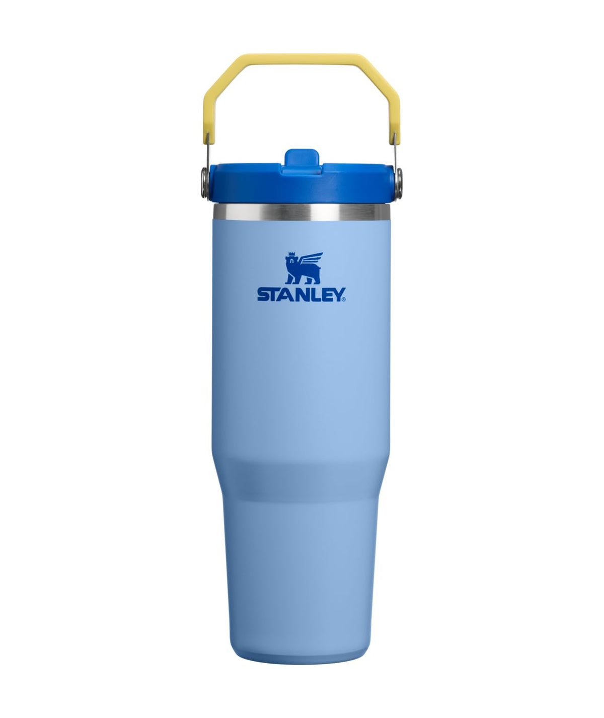 STANLEY IceFlow front view showing Cornflower Admiral Blue finish and 30 oz capacity benefit