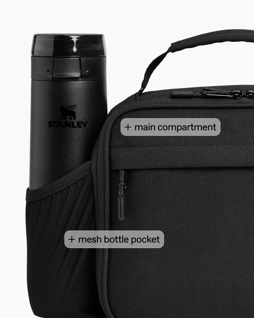Exterior mesh pocket holding a Stanley 1913 bottle up to 24 oz for on-the-go hydration