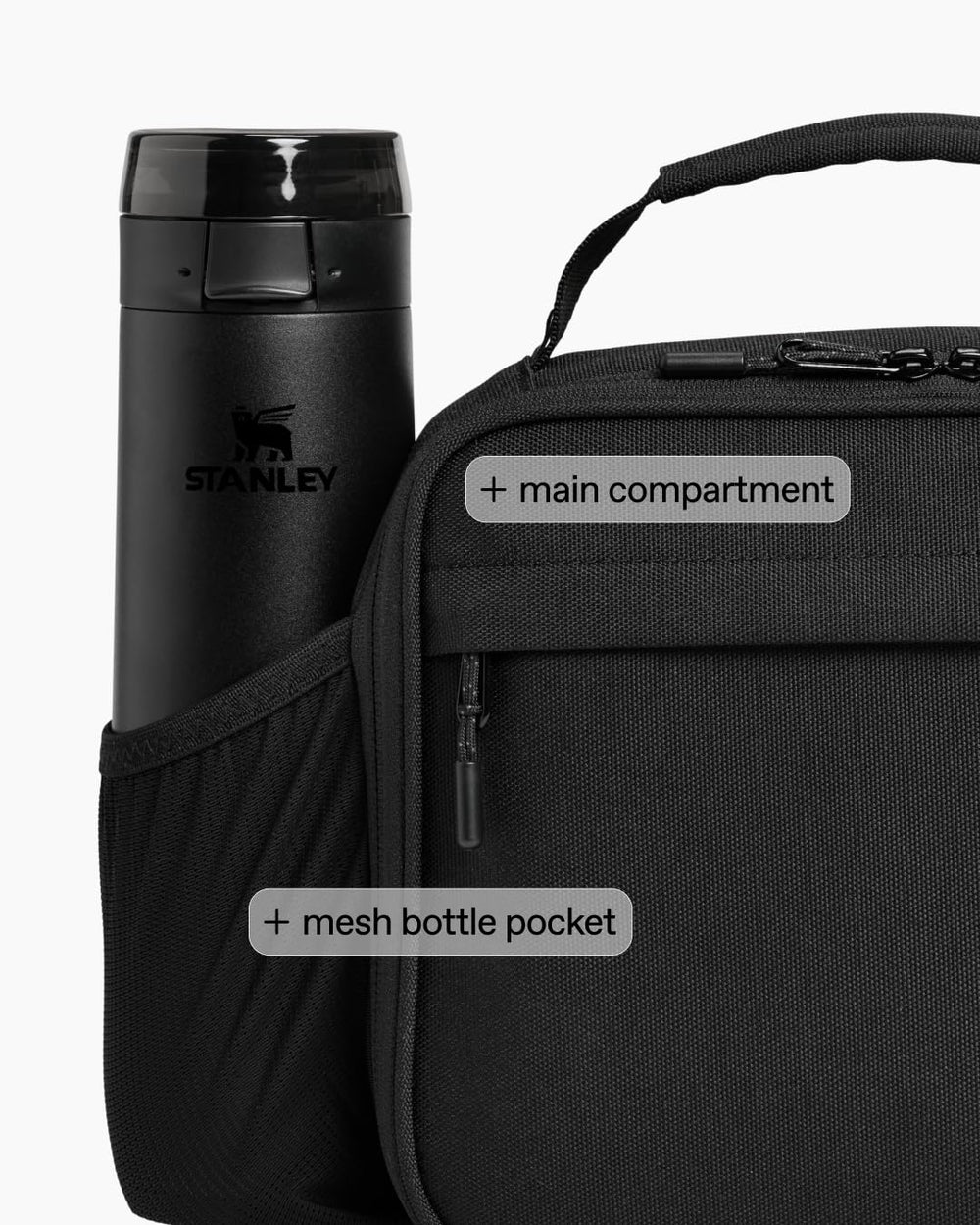 Exterior mesh pocket holding a Stanley 1913 bottle up to 24 oz for on-the-go hydration