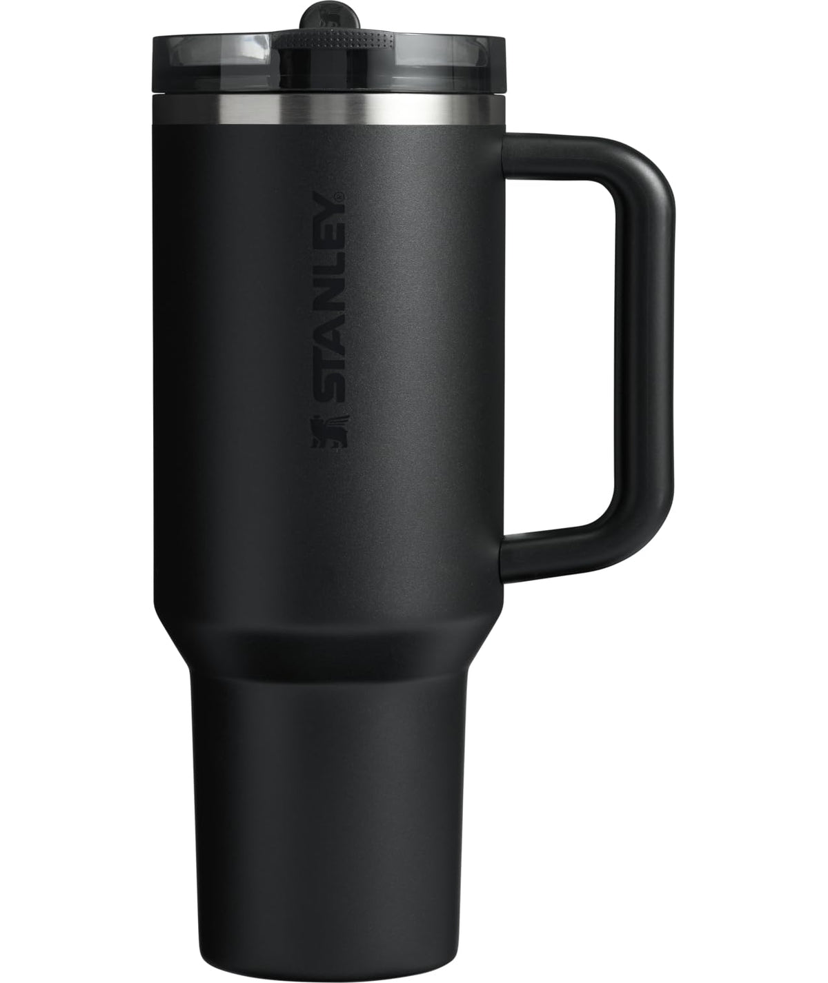 STANLEY front view of 40 oz black Quencher showing durable design and capacity