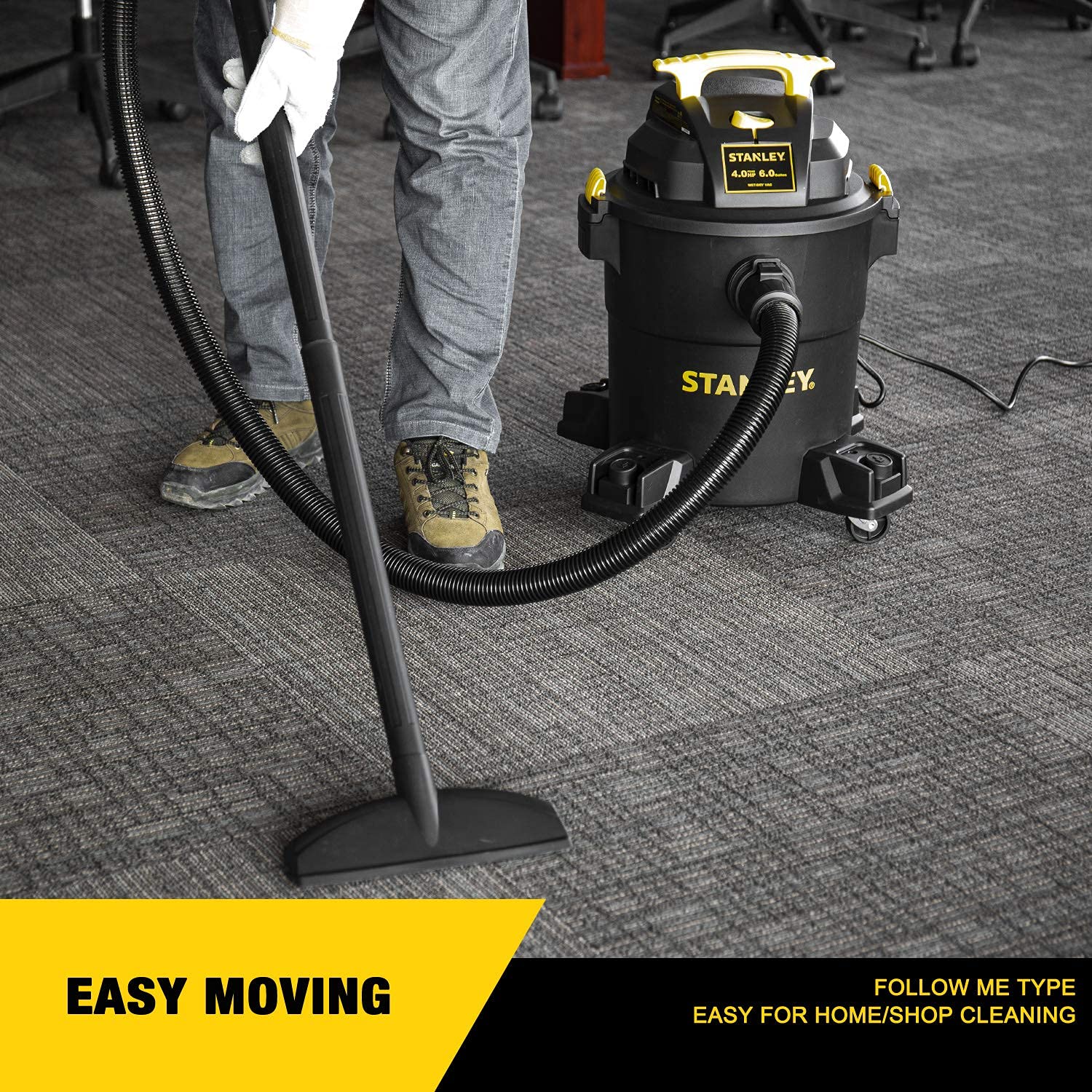 STANLEY vacuum rear blower port in use to clear leaves and dust fast