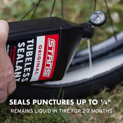 Stan's NoTubes being poured into tire with clean application and fast refill benefit