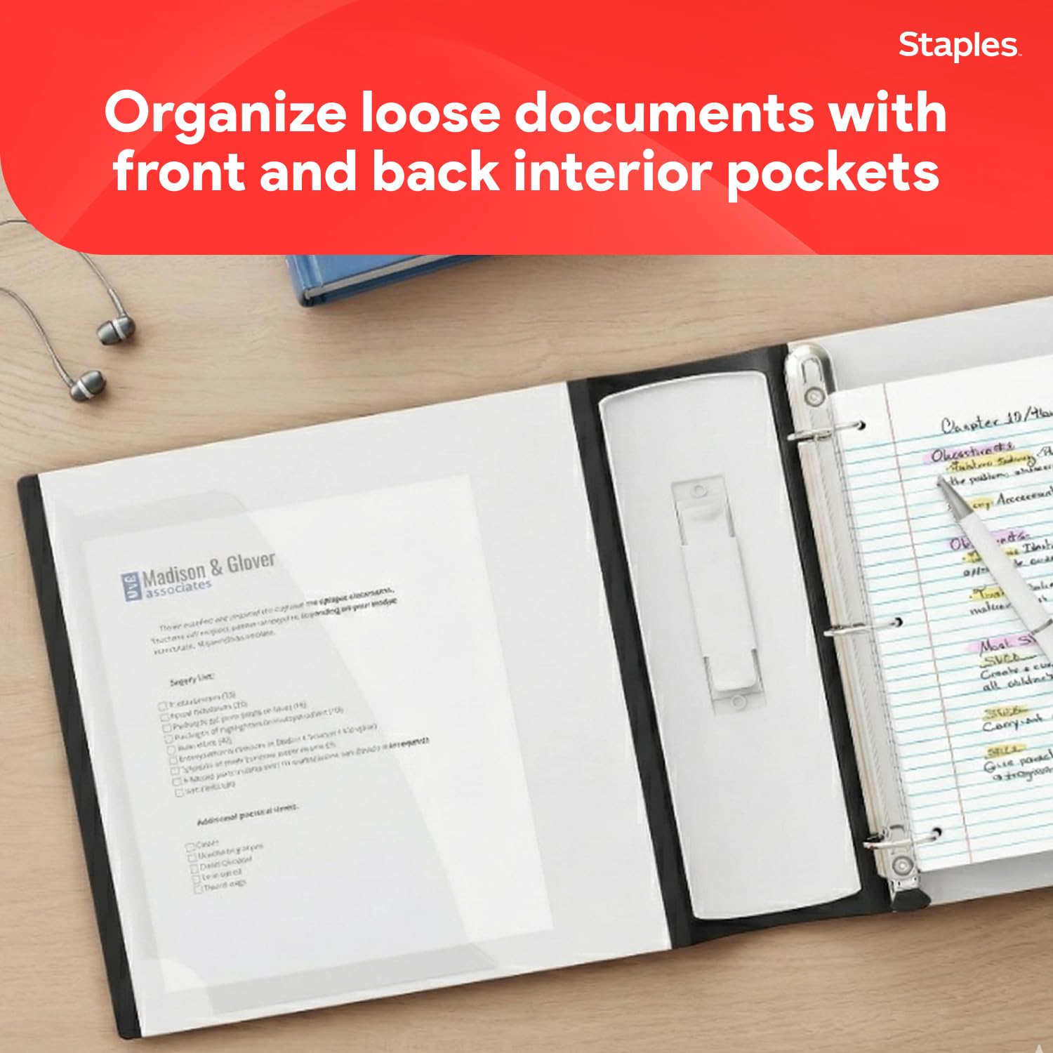 STAPLES Better Binder stacked with paper to illustrate 540-sheet holding capacity