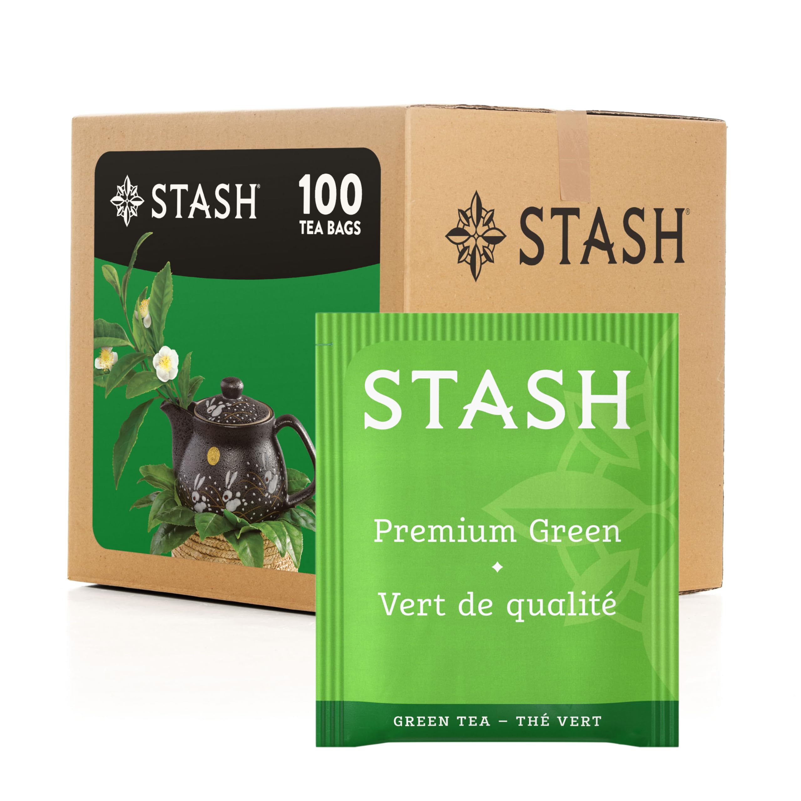 Stash premium green tea front box showing label and count, promotes convenience