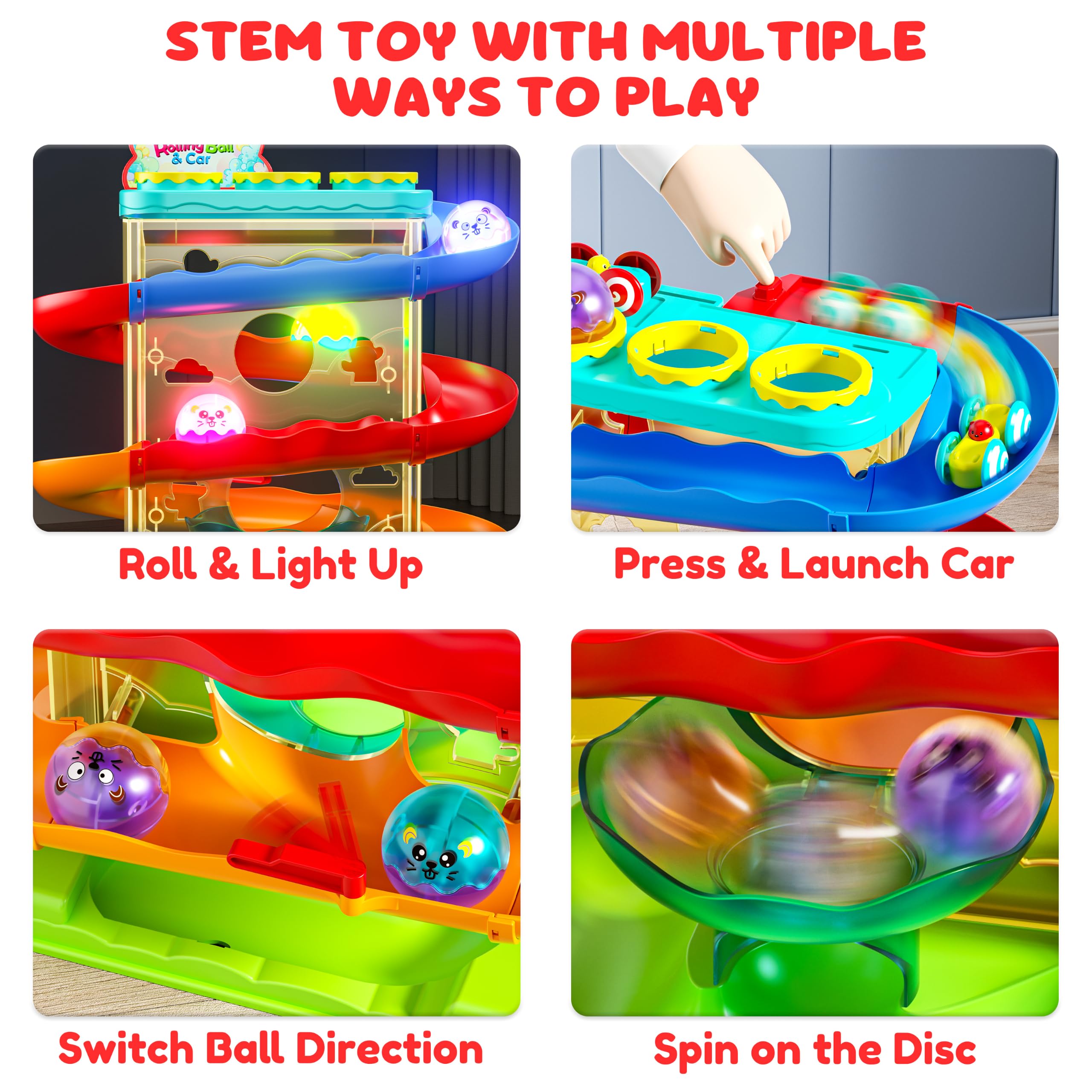 Stay Fun mini cars and light-up ball, illustrates fast visual stimulation