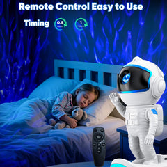stbands astronaut projection on ceiling filling room with colorful galaxy ambiance