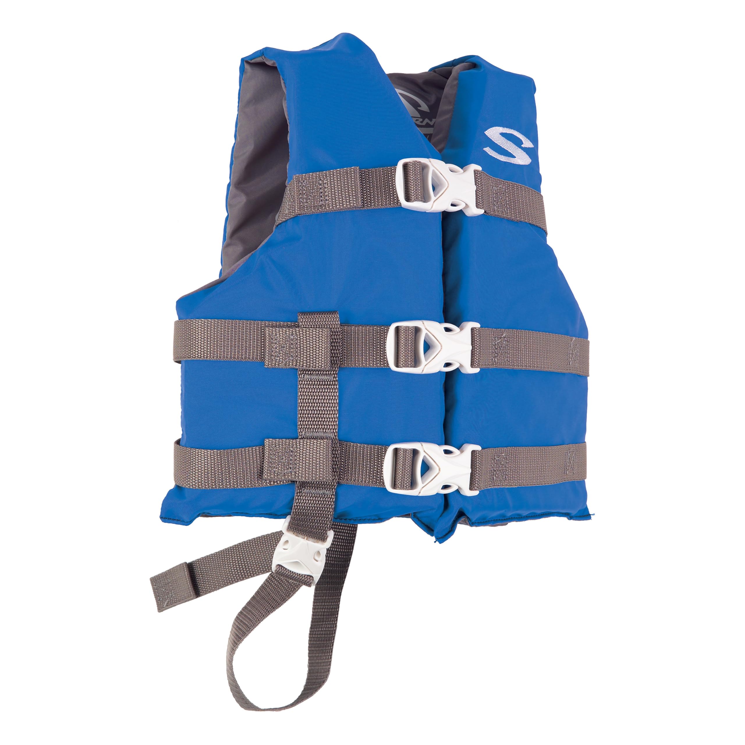 Stearns front view of youth life vest showing buckles and fit for secure wear