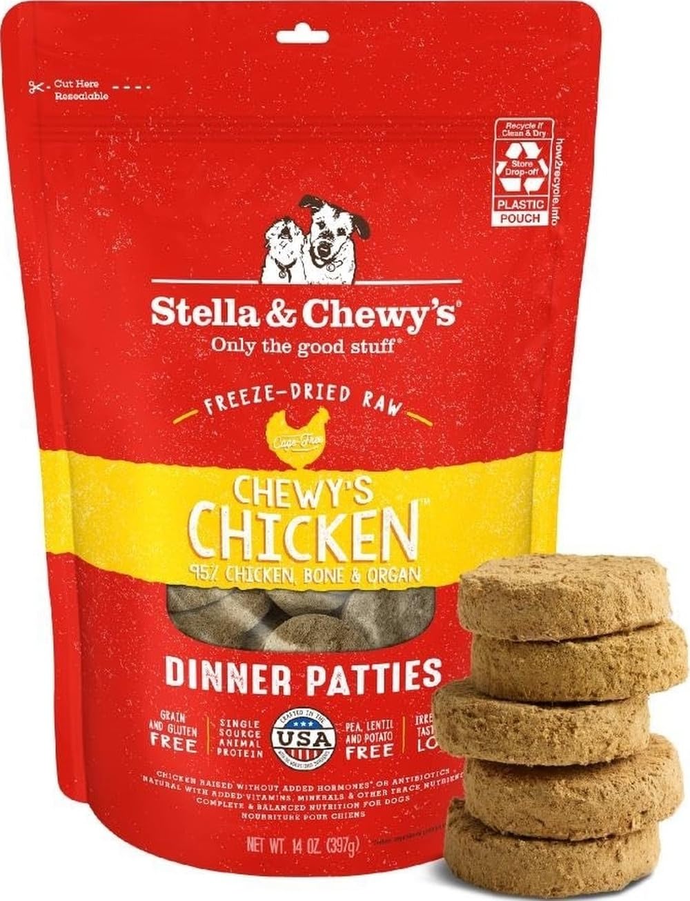 Stella & Chewy's front packaging showing chicken patties and benefits