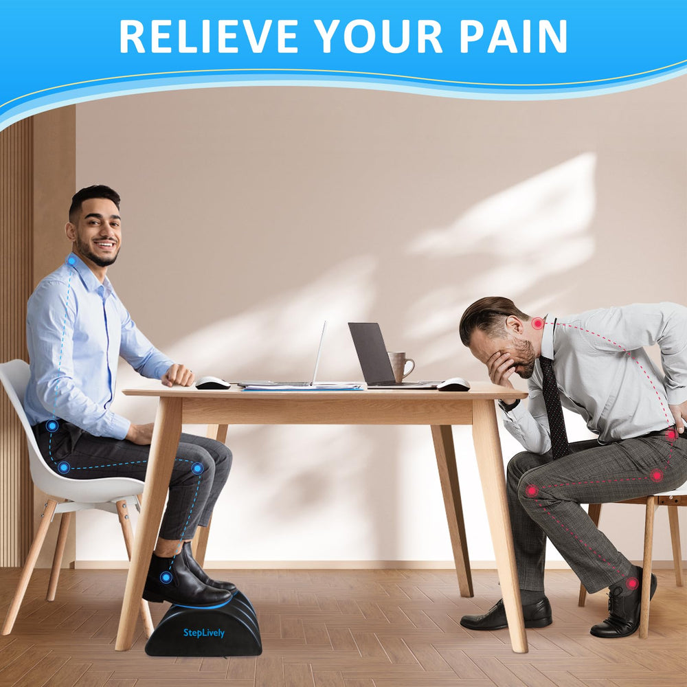 StepLively foot rest in use under desk offering ergonomic leg support