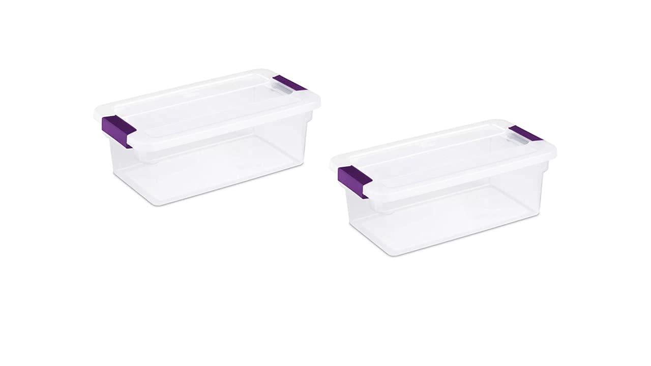 Sterilite container front view showing clear lid and plum handles for quick identification