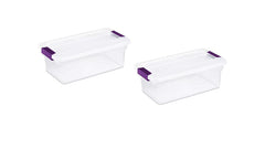 Sterilite container front view showing clear lid and plum handles for quick identification