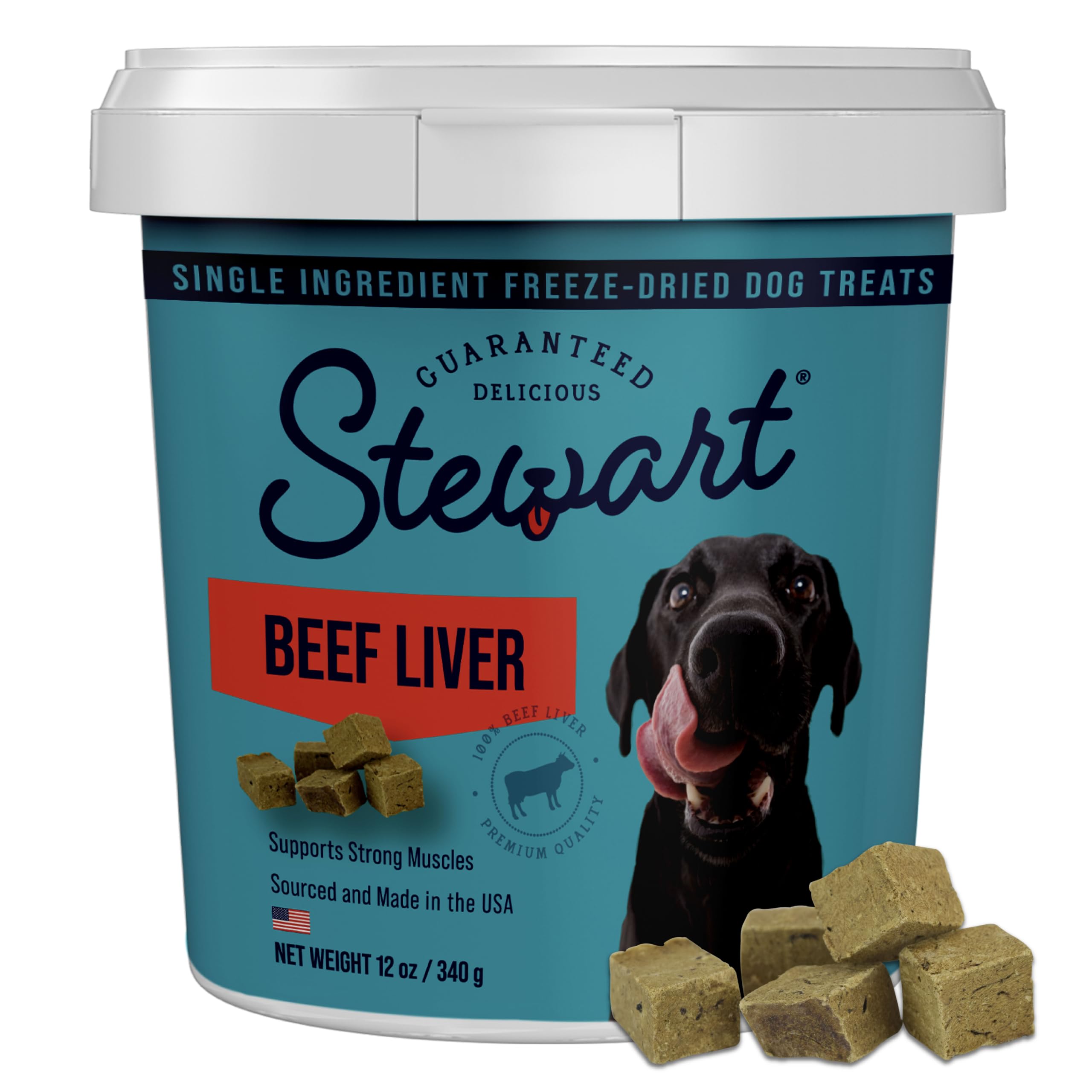 Stewart beef liver tub front view showing resealable container and benefits