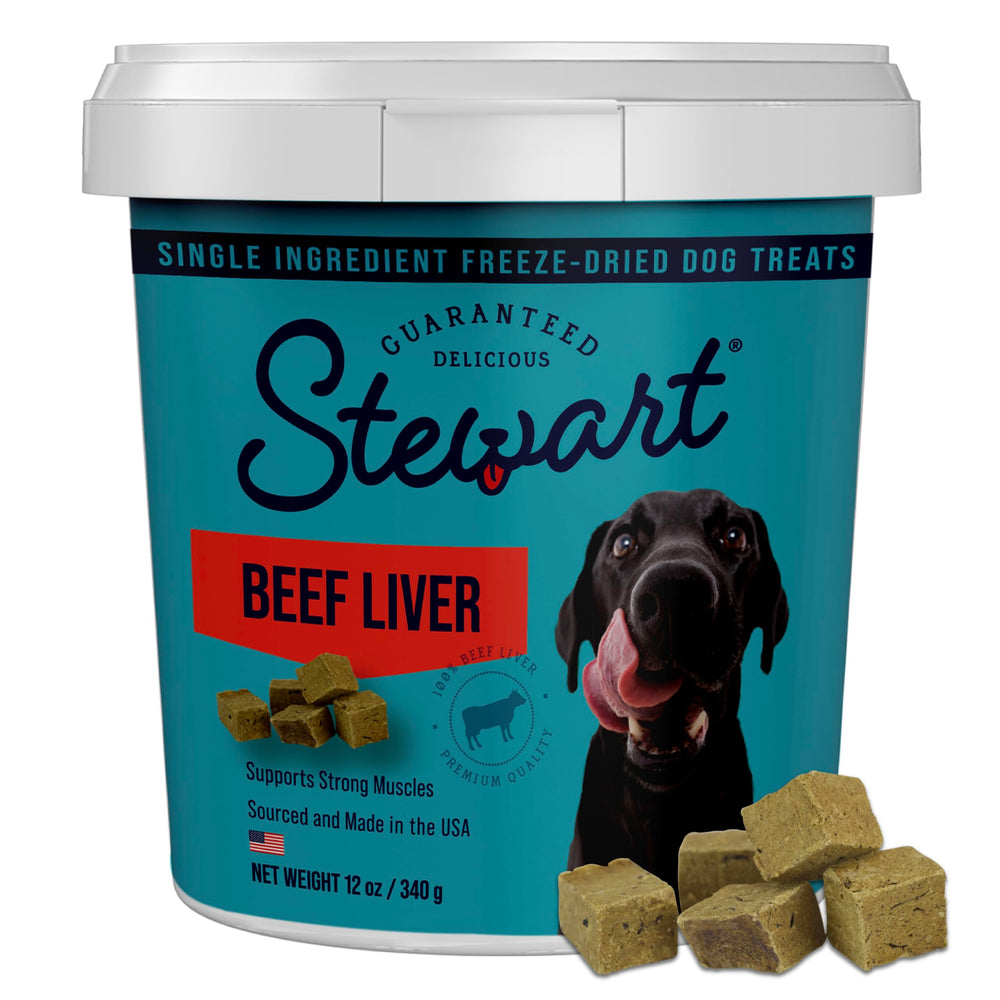Stewart beef liver tub front view showing resealable container and benefits