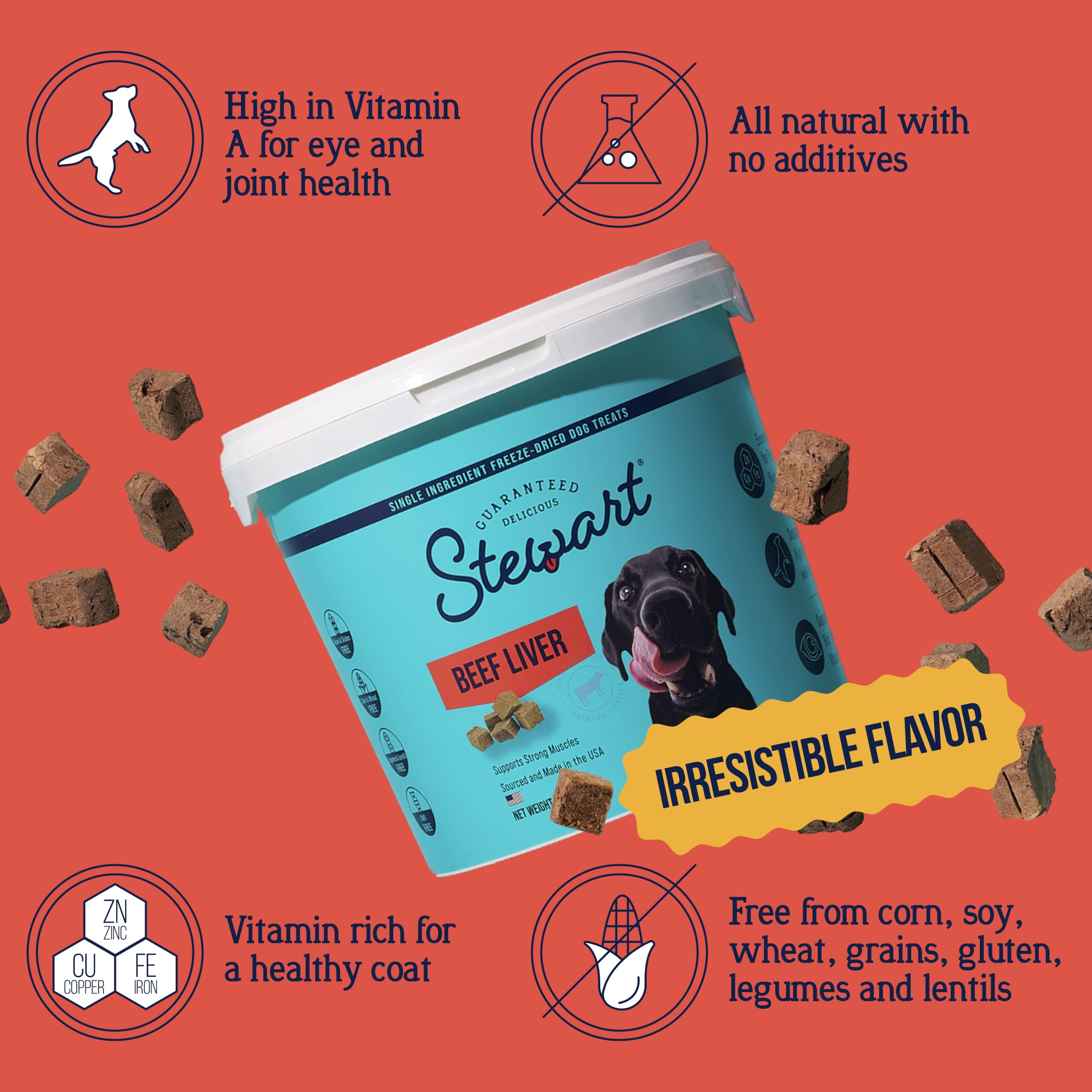 Stewart open tub revealing freeze-dried morsels, convenient for training