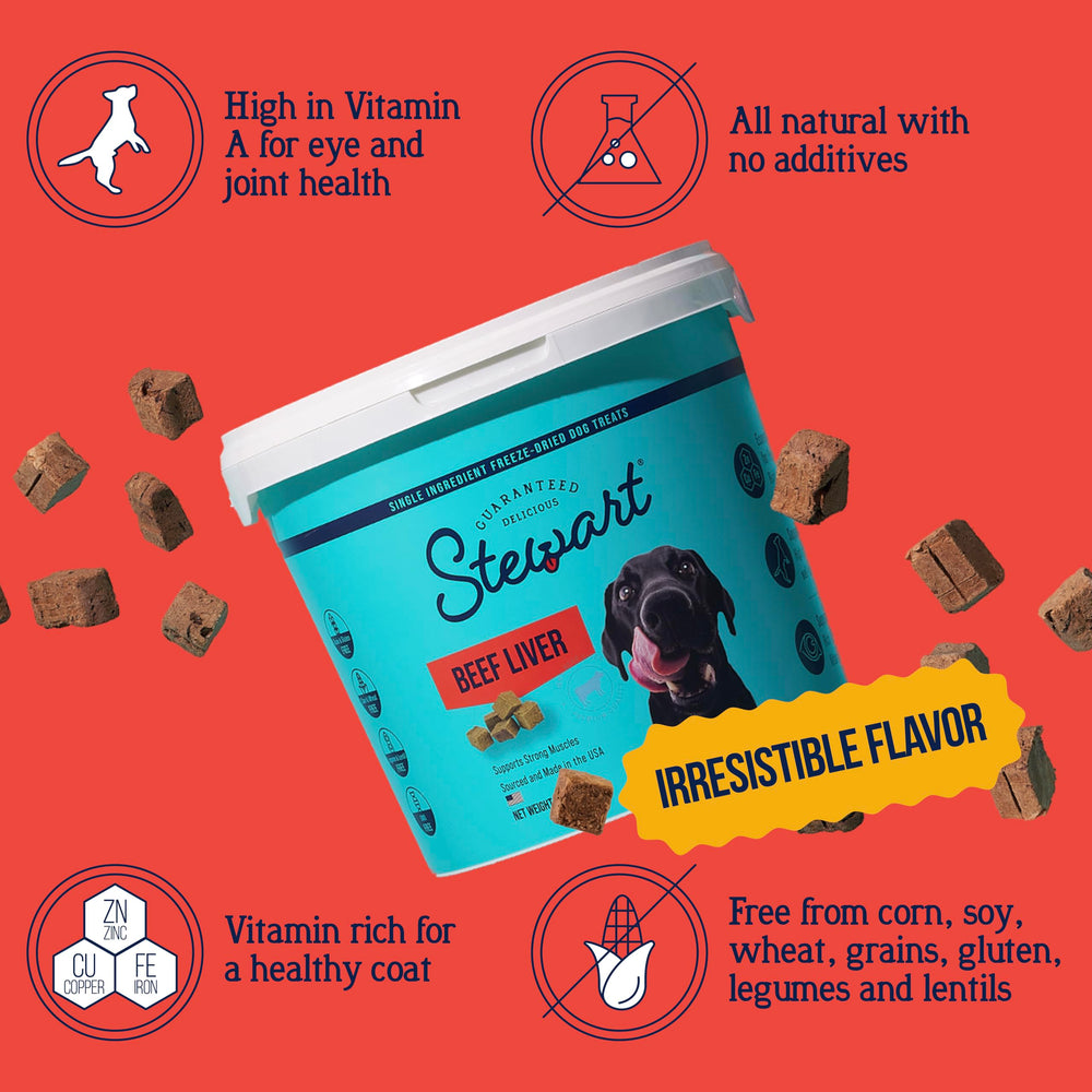 Stewart open tub revealing freeze-dried morsels, convenient for training