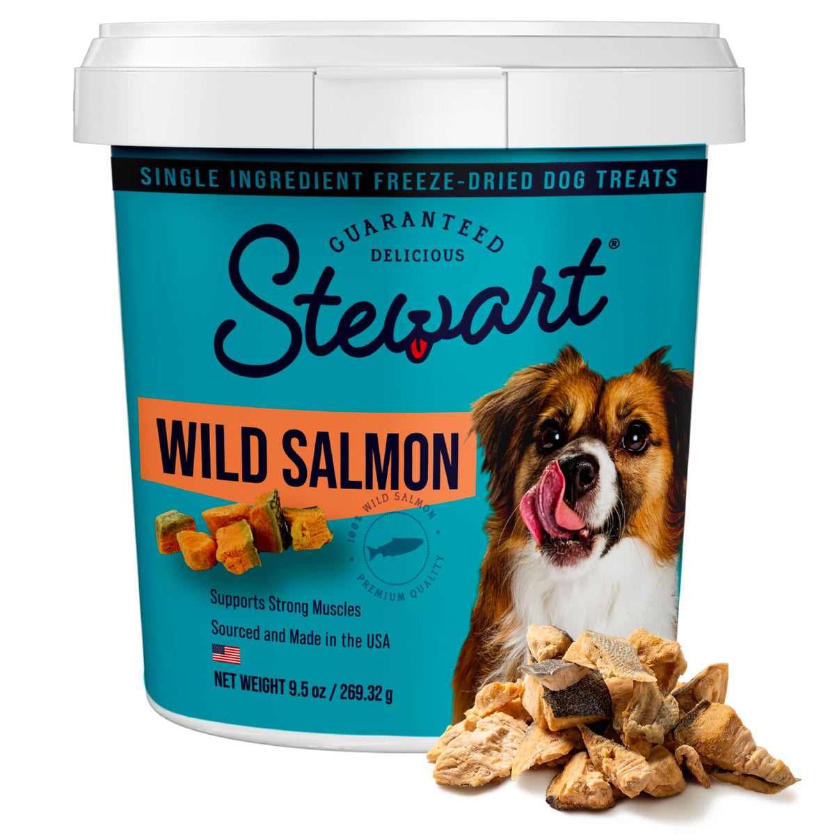 Stewart wild salmon tub front view showing resealable packaging and benefit of freshness