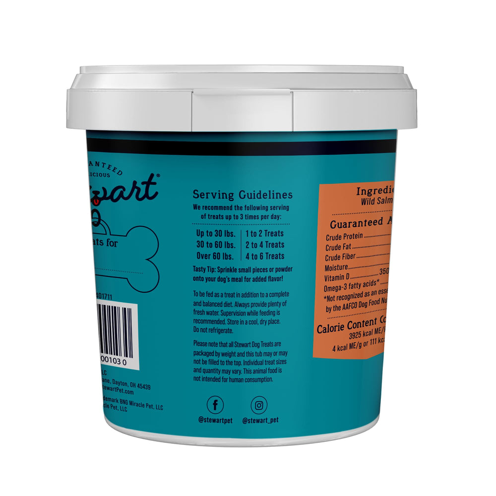 Label detail on Stewart wild salmon tub showing single-ingredient purity and origin