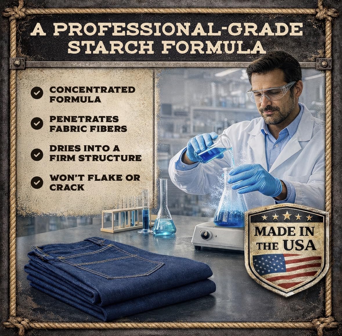 Stiff-it applied to denim showing crisp crease and professional sharp appearance