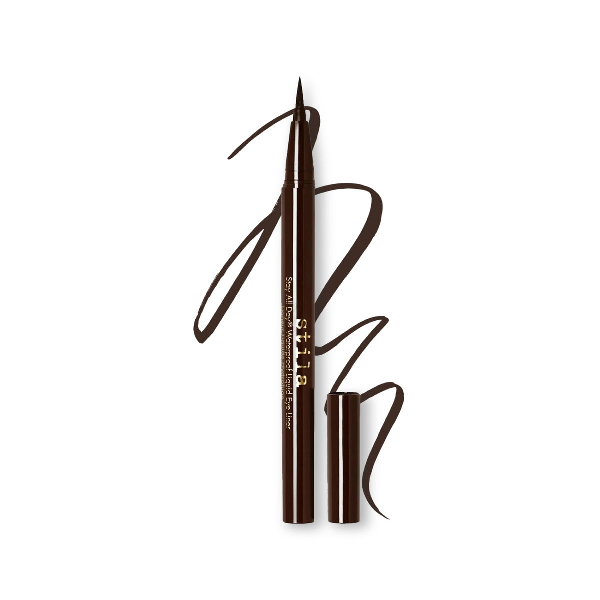 stila dark brown front packaging shows product and neat tip for precise lines