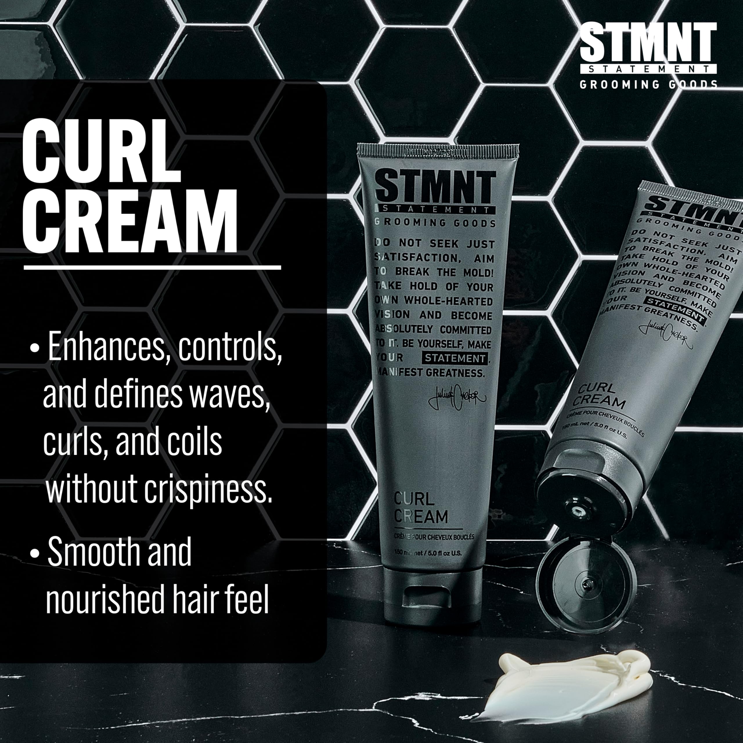 STMNT curl cream in hand applying to damp hair demonstrating simple styling step