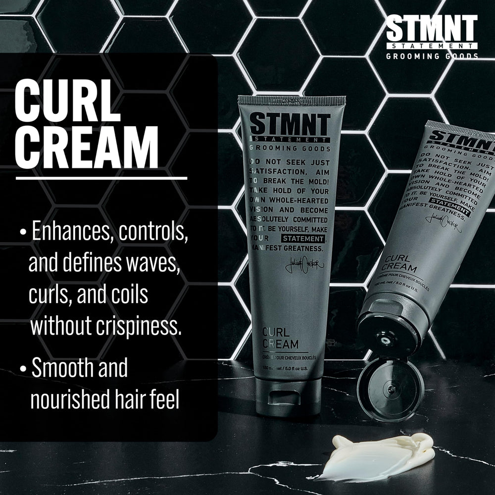 STMNT curl cream in hand applying to damp hair demonstrating simple styling step