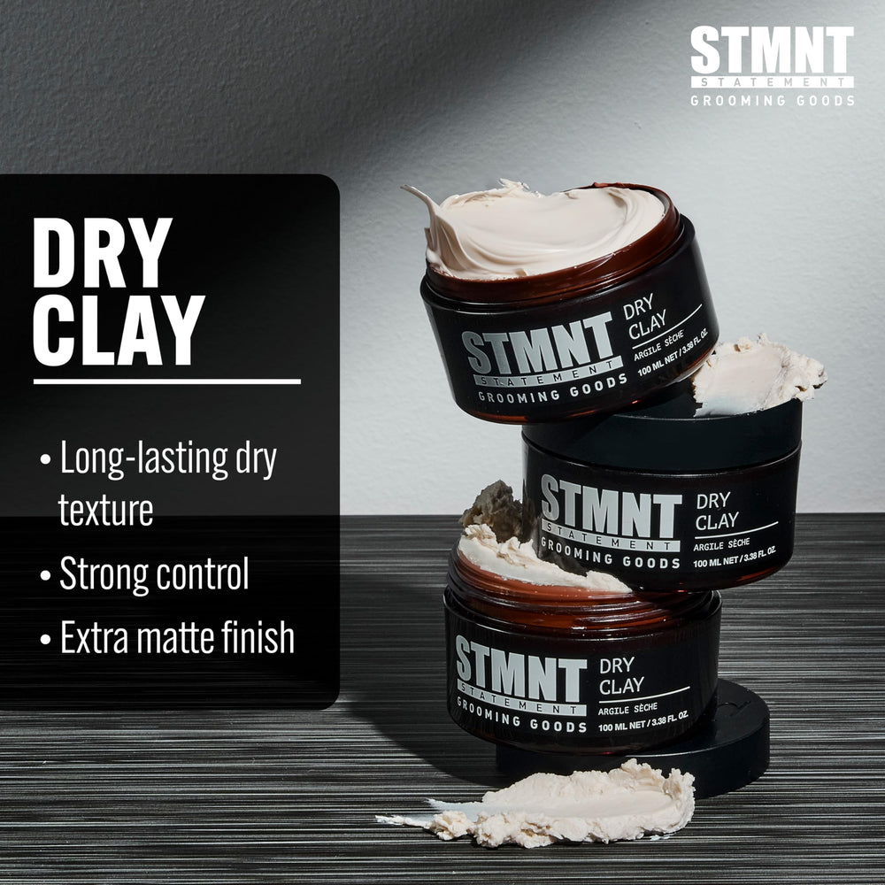 STMNT dry clay texture close-up highlighting matte, mouldable formula benefits