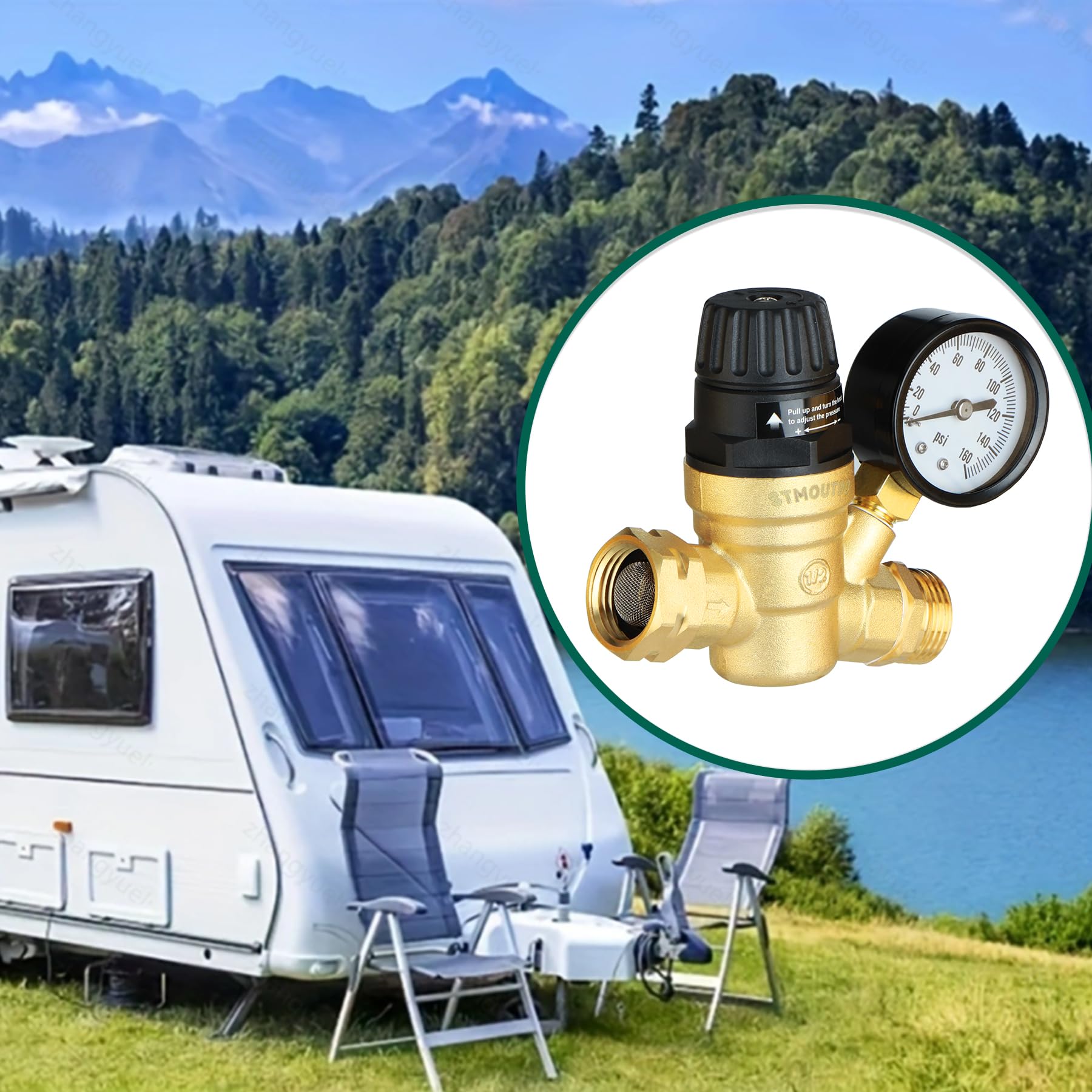 STMOUTUO installed on an RV water inlet illustrating real-world protection benefit
