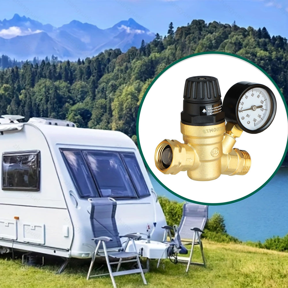 STMOUTUO installed on an RV water inlet illustrating real-world protection benefit