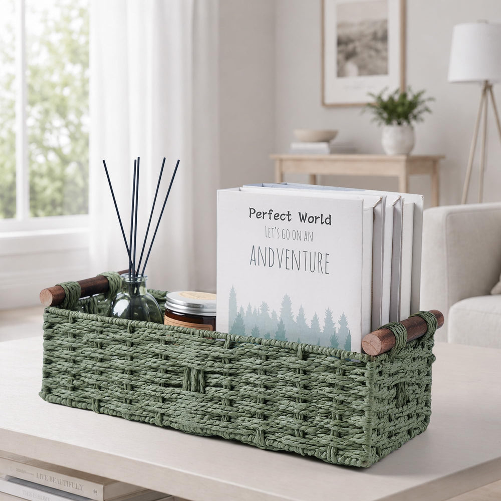 STOBSK basket on dresser holding jewelry and watches to reduce clutter benefit